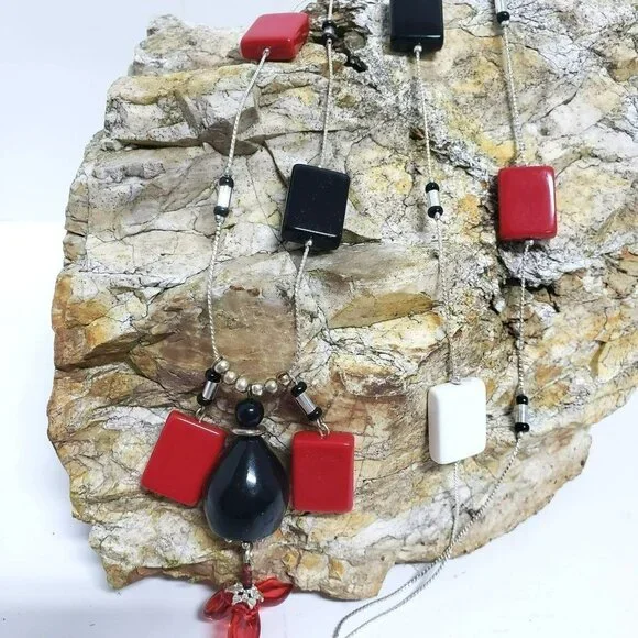 Alfani Red and Black Art Deco Beaded Statement Necklace Long - Picture 3 of 6